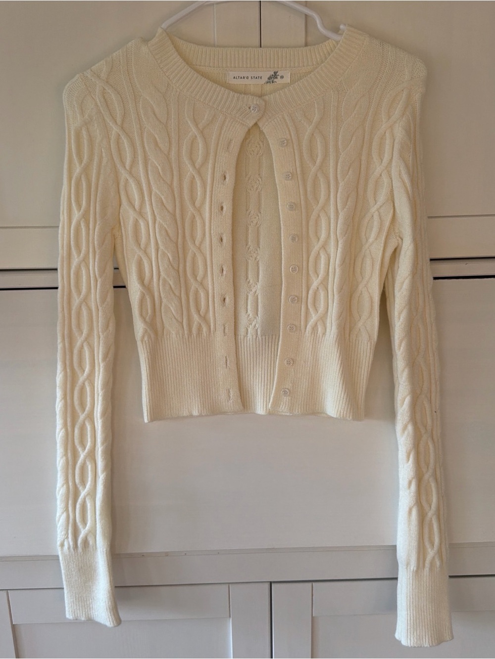 Altar'd State Cream Cable-Knit Cropped Cardigan